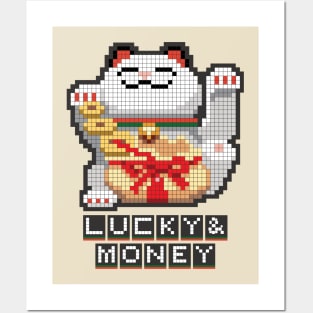 Maneki Neko Lucky & Money Japanese chubby white cat pixel art Posters and Art